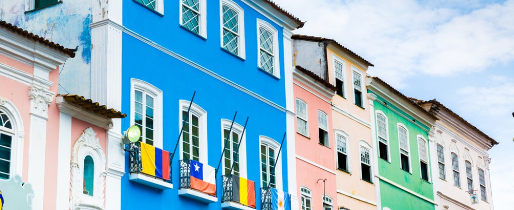 Looking up at the colourful houses of Salvador de Bahia. 