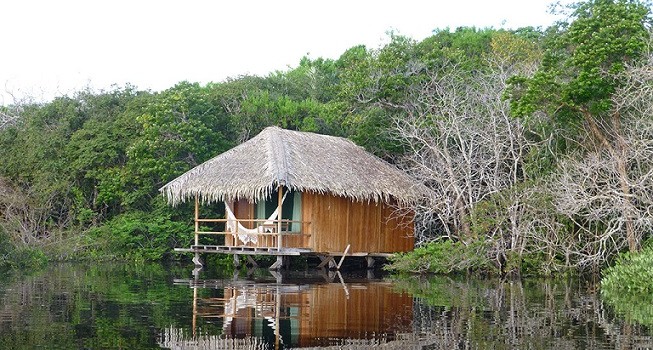 View of the Juma lodge, a lodge on stilts in the Amazon. 