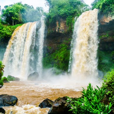 brown coloured double waterfall at Iguazu.