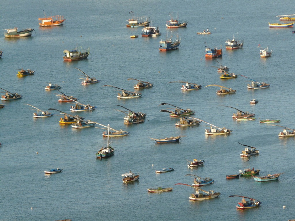 Aerial shot of the many jangadas off the coast of Fortaleza.