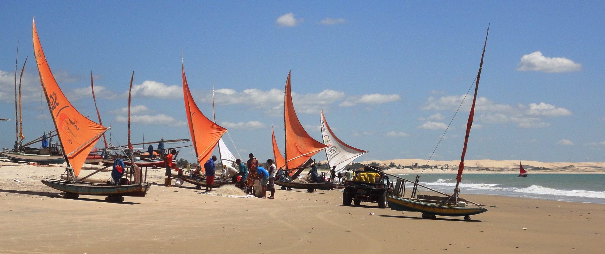 Jangadas on the beach, on the coast of Nordeste. 