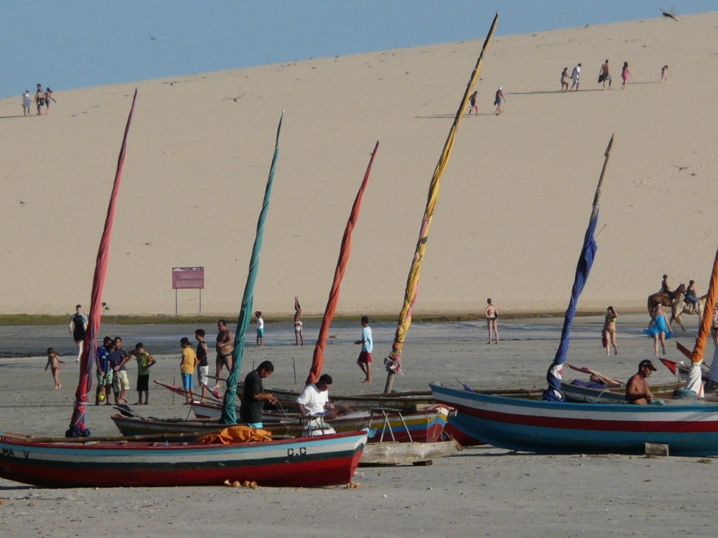People getting ready to sail their jangadas in Jericoacoara. 