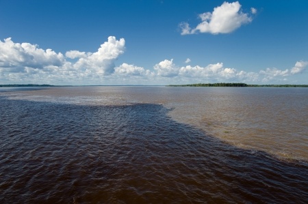 The meeting of the waters of Rio Negro and Rio Solimoes in Amazonia.