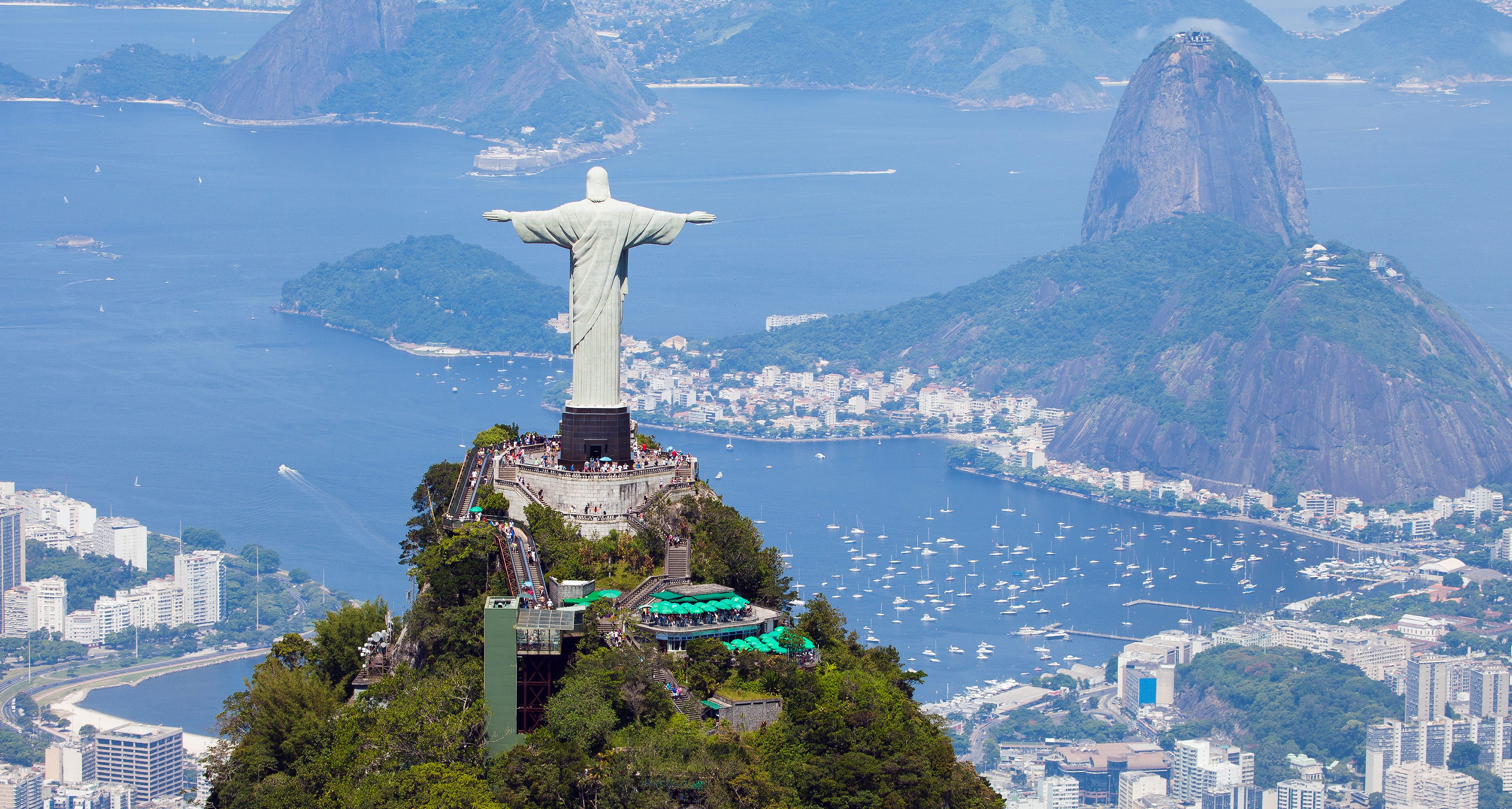 Christo redentor looks out over the Guanabara bay in Rio de Janeiro. 