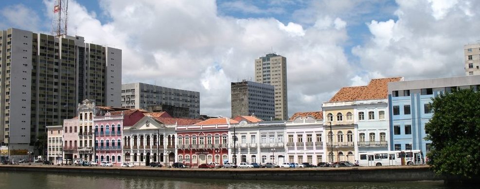 Historical buildings at the waters edge in Recife. 