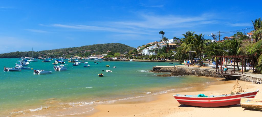 Sailing boats and rowing boats on the beach at Buzios. 