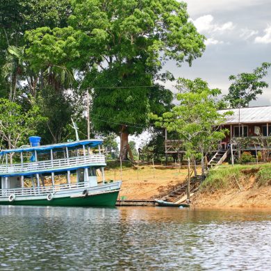 A boat docked on the banks of the Amazon.