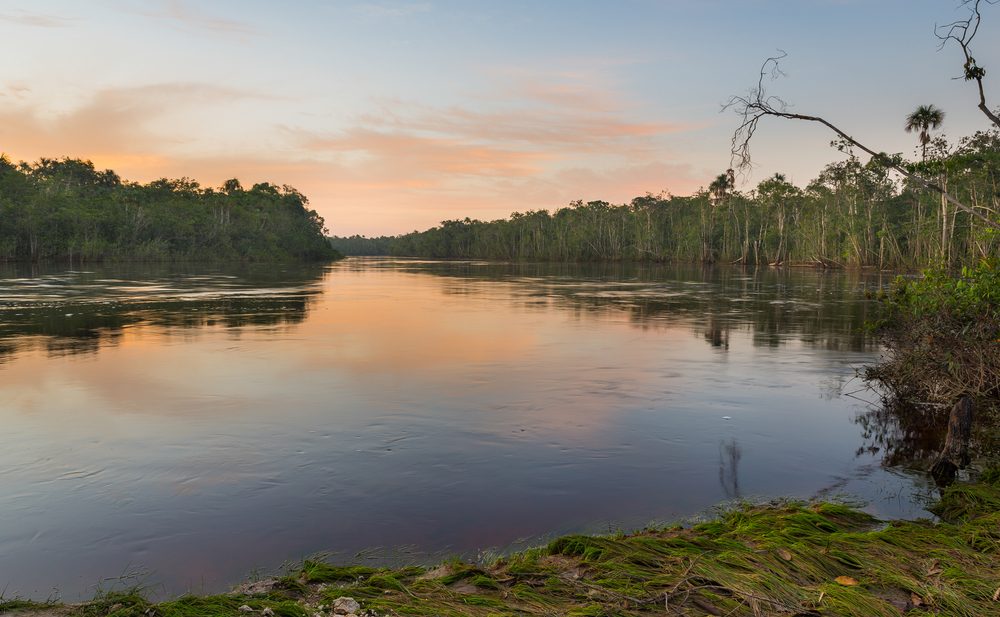 The sun begins to set over the Amazon painting the sky red. 