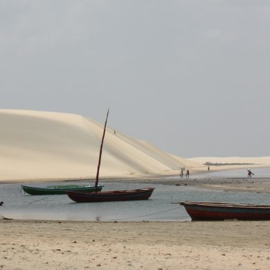 Jangadas on the beach at low tide in Nordeste.