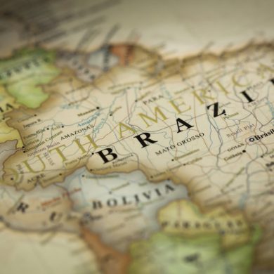 Close-up of Brazil on map.