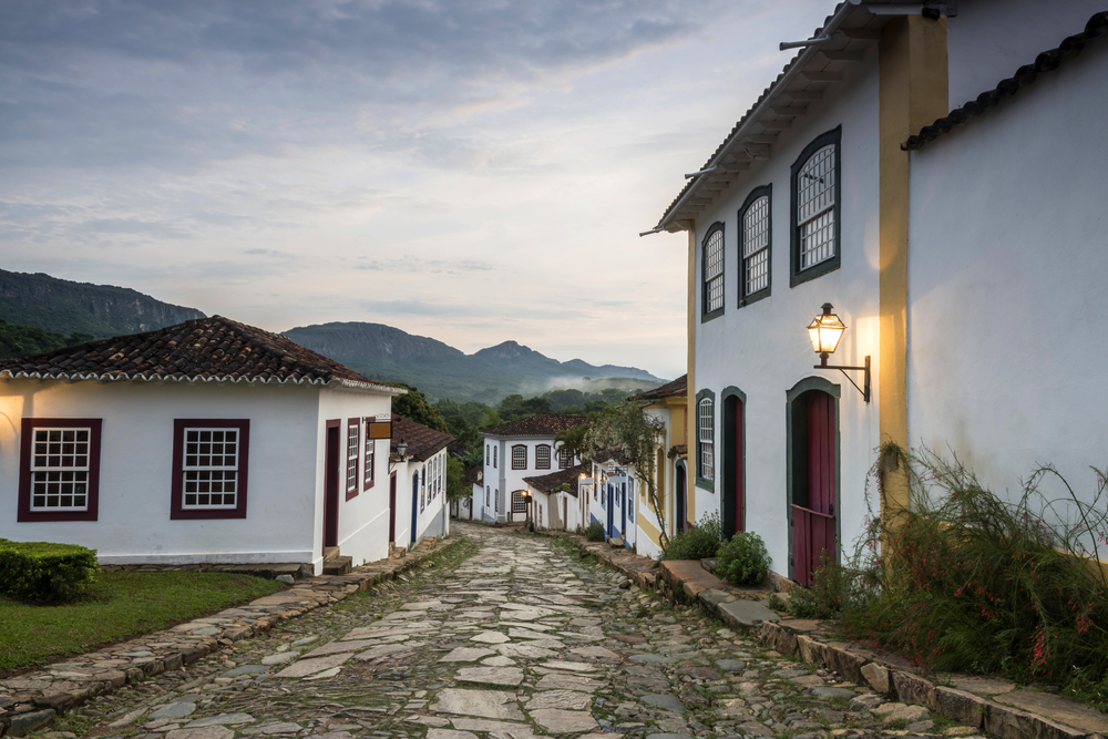 Dimly lit Tiradentes at dusk, Minas Gerais. 