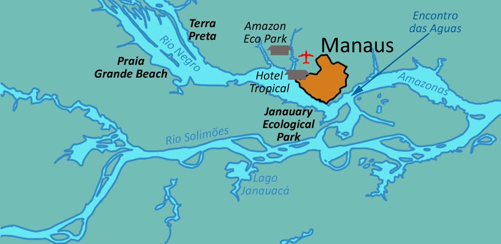 Map showing the jungle lodges in relation to Manaus and the Amazon river. 