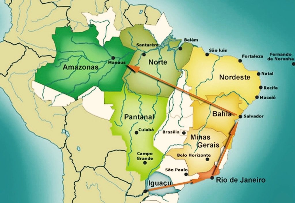 Map highlighting the stops on the must-see Brazil tour.
