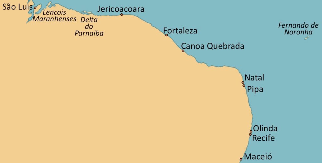 Map showing the beaches of Northeast Brazil. 