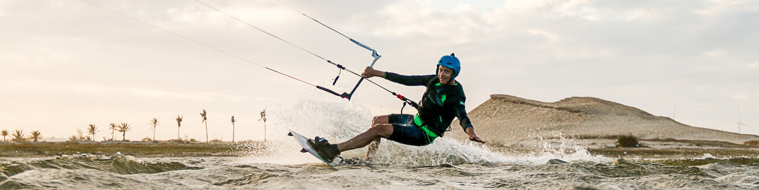 Up close shot of Kitesurfer on his heel edge in Jericoacoara.