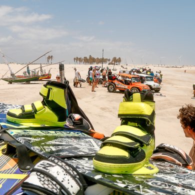 A close up shot of a kiteboard in Jericoacora.