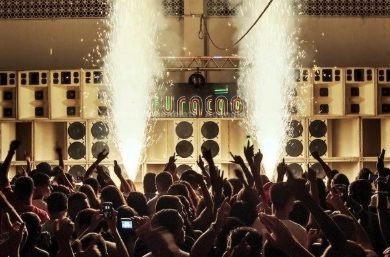 A huge sound system powers a baile de funk in Rio.