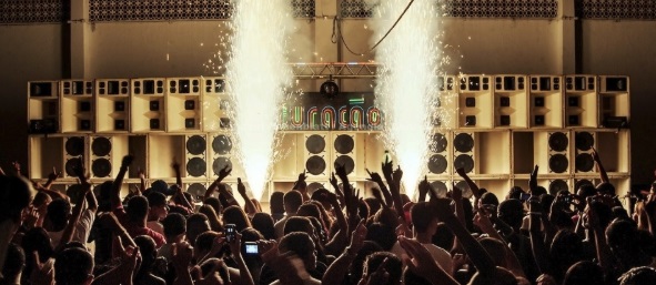 A huge sound system powers a baile de funk in Rio.