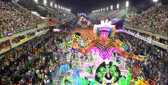 A samba school parades through the Sambadrome during the carnival in Rio.