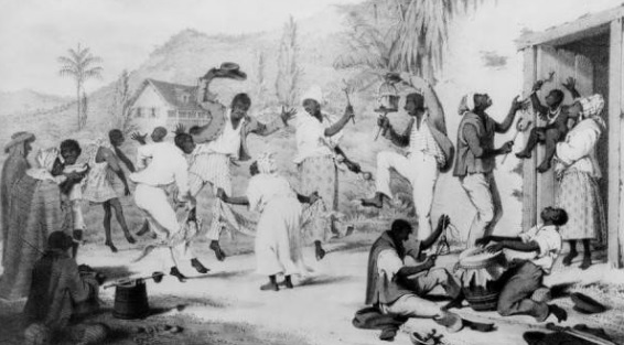 Black and white depiction of slaves practicing Candomble.