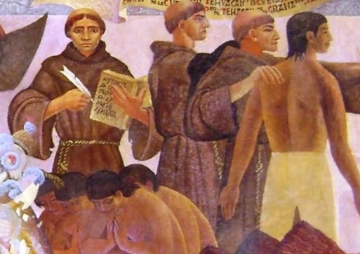 Jesuits ordering native people of Brazil.