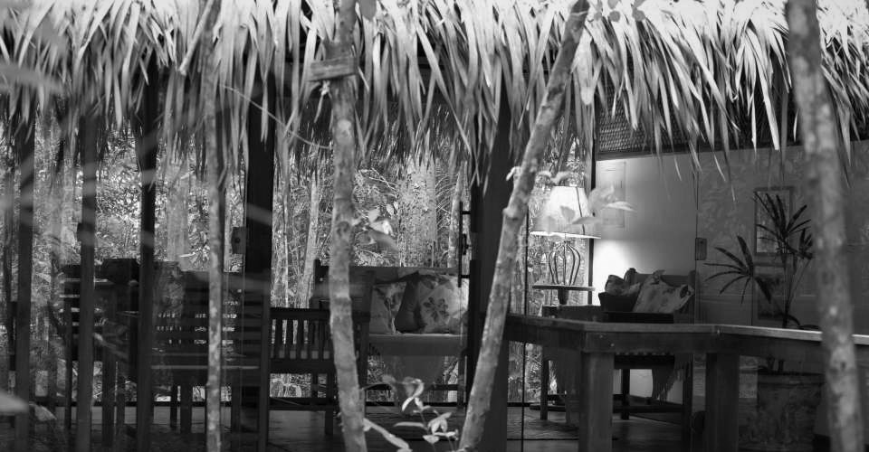 Black and white of lounge in Anavilhanas lodge.